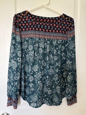LOFT Teal & Navy Floral Boho Blouse with Coral Accents